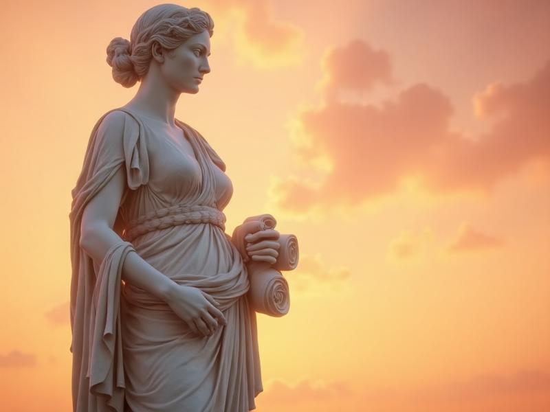 Classical statue against sunset sky
